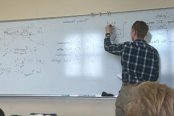 student working at white board